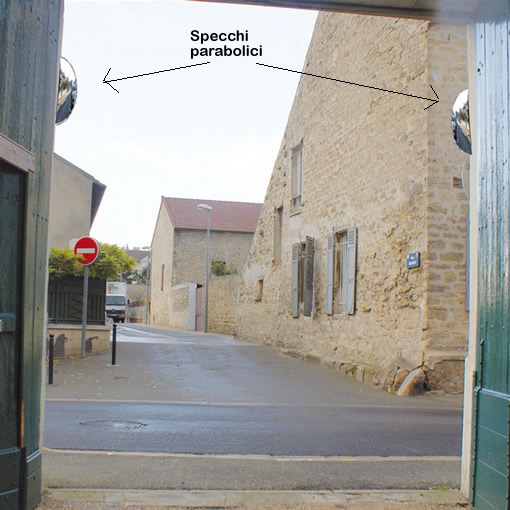 Uscita da fabbircato supasso carraio munito di specchi per vedere i pedoni